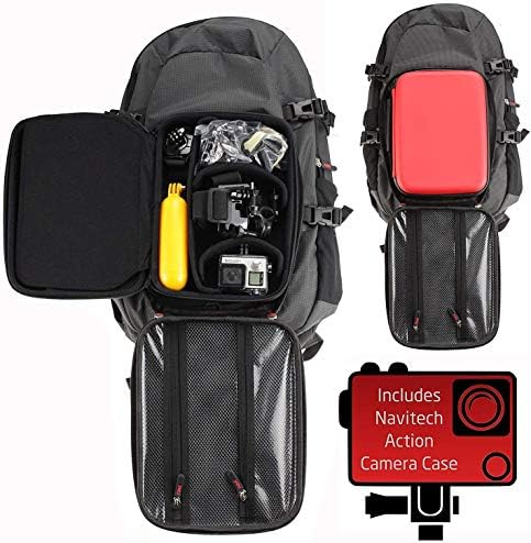 Backpack da câmera de ação da Navitech e estojo de armazenamento vermelho com cinta de tórax integrada - compatível com a câmera de ação Akaso V50 x