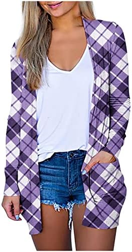 Cardigã xadrez de flanela para o casaco frontal aberto feminino de manga comprida lapela leve camisa de shacket longa camisa