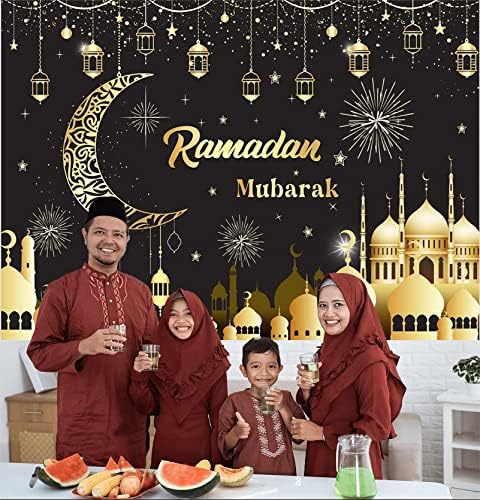 Ramadã Mubarak Cenário Islâmico Muçulmano Eid Mubarak Ramadan Kareem Eid al fitr Background Background Backer Black and Gold Lanterns Lua Estrelas de Mesquita Partema tema Decoração 7x5ft
