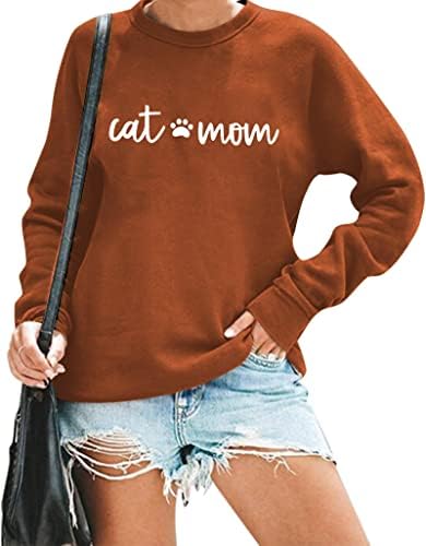 CAT MOM MOLETA MULHERM MULHER Mama camisa fofa gato de manga longa letra de camiseta impressão