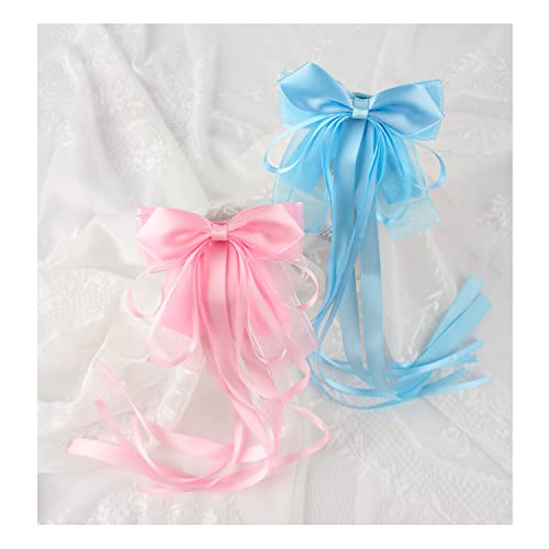 Clipes de arco de cabelo para meninas clipes de arco azul e rosa para cabelos com fitas longas e delicados arcos de cabelo