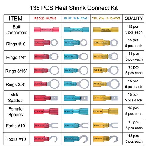 Kit de conectores de fio de encolhimento de calor muhize - 135 pcs Atualizar o kit Terminais de fio elétrico, conector