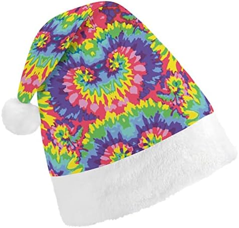 Tie Dye Dye colorido abstrato de pelúcia chapéu de natal travesso e bonitos chapéus de Papai Noel com borda de pelúcia e decoração de natal de conforto