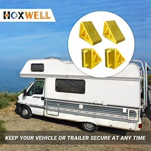 Hoxwell Premium Camper Wheel Chocks, design de cunha de veículos pesados ​​com calços de borracha preta para reboques de viagem, caminhão, carro, RV amarelo 4 PCs