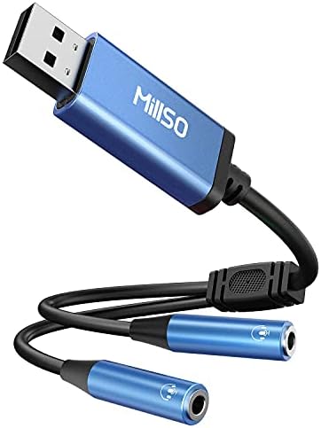 Millso USB a duplo adaptador de tomada de áudio de 3,5 mm, Sapphire Blue TRRS TRRS Externo placa de som estéreo fone de fone de som Jack Splitter para dois fones de ouvido, alto-falantes para um PC, laptop, desktop, PS4, PS5-1