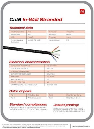 MONOPRICE CAT6 Ethernet Cabo a granel - cordão de internet em rede - encalhado, 550MHz, UTP, cm, fio de cobre nua puro, 24AWG, 1000