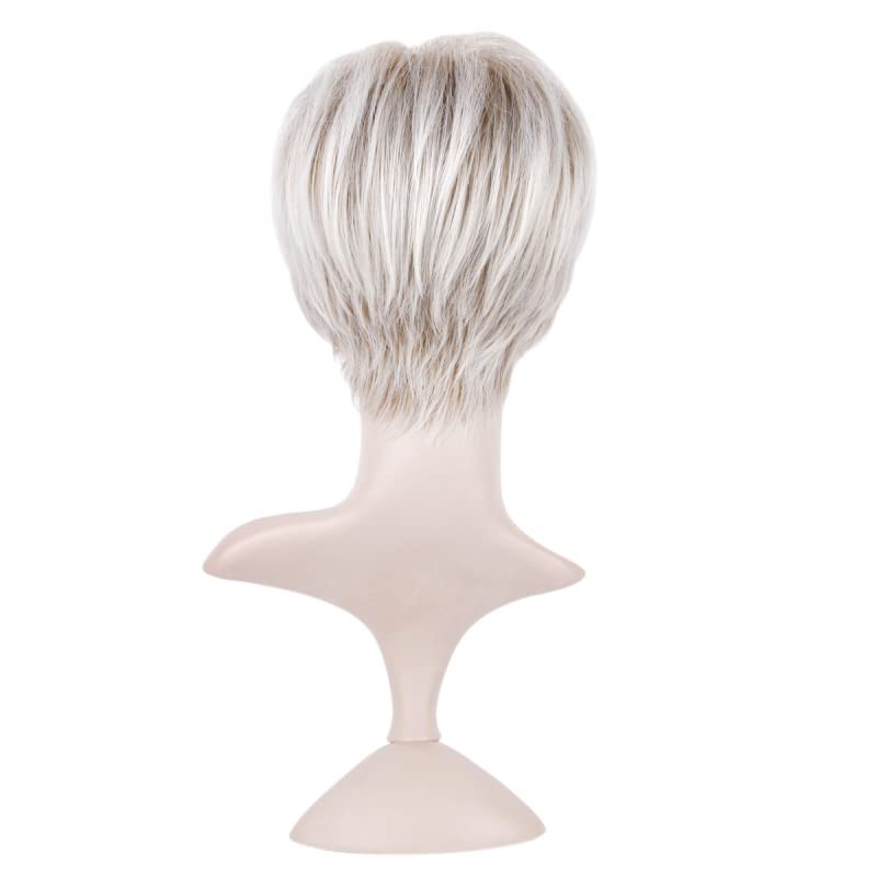 DKE & YMQ White Blonde Short Cut Wig para mulheres, Wig Women Loiro com franja Puffy Classic Modeling Design Gradiente loiro Pixie Cut Wig é adequado para a peruca da festa de uso diário feminino