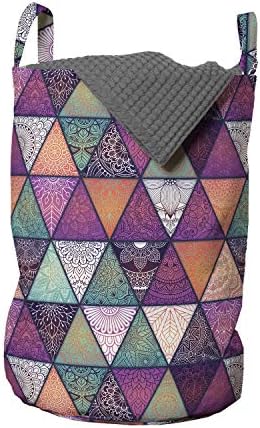 Bolsa de lavanderia asiática de Ambesonne, motivos orientais e étnicos florais em triângulos geométricos no estilo de retalhos, cesta de cesto com alças fechamento de cordas para lavanderias, 13 x 19, multicolor