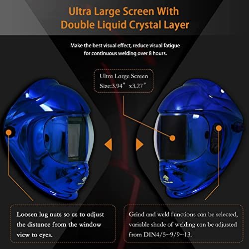 Capacete de soldagem de escurecimento automático Tekware com tela de visualização ultra grande, capuz de soldagem a cores verdadeira, capacete de soldador de 4 arco, máscara de soldagem leve, 1/1/1/2 de clareza óptica, Klein Blue