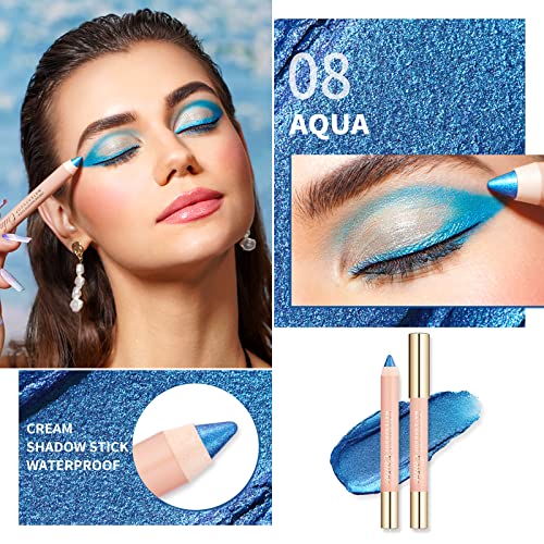 Oulac Shimmer Blue Eyeshadow Stick - Lápis de sombra para os olhos altamente pigmentados, impermeável e duradouro, final cintilante, maquiagem de olhos misturáveis, vegan e sem crueldade 3.8g, aqua