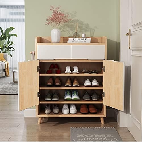 Gabinete de sapatos com 2 gavetas, 2 prateleira ajustável e prateleira aberta, rack de sapatos de 4 camadas para escritório em casa, armário de buffet de pé em pé