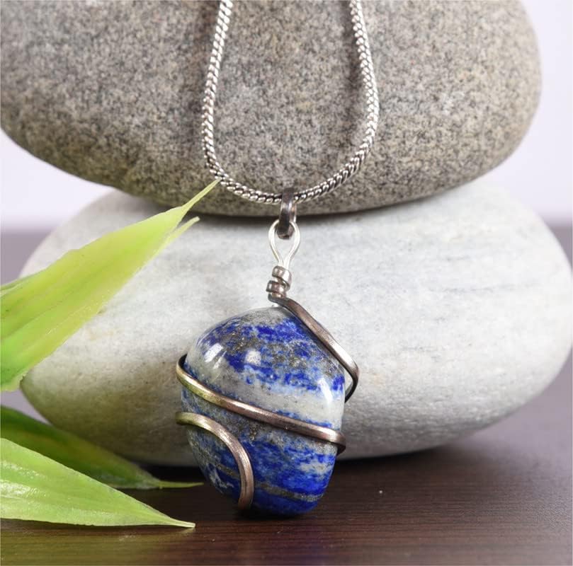 Pedras de pedras naturais reais LAZULI Lazuli Wrap Stone Pingente Nacklace com Cadeia e Meditação de Linhas Placadas de Prata,