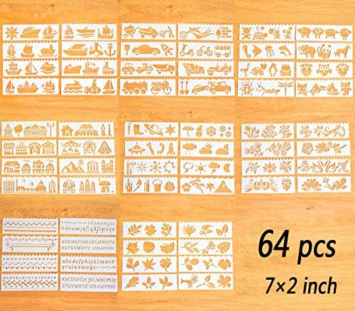 Estêncil de desenho de 64pc para crianças de 2x7 polegadas para crianças com letra/flor/folha/clima/construção/carro/navio e estênceis de animais