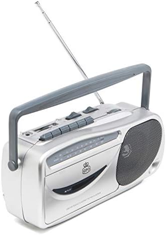 GPO 9401 Rádio AM/FM portátil retro e fm player - fone de ouvido, soquetes de microfone - prata