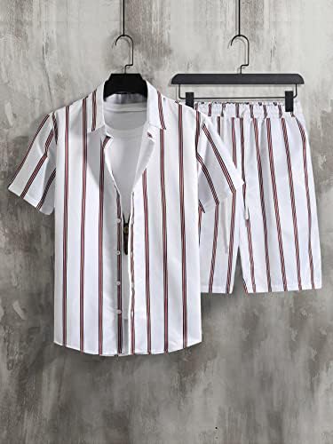 Roupas de duas peças para homens, camisa listrada vertical aleatória e shorts de cintura de cordão sem tee