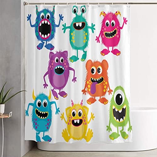 Lokmu 4 PCs Gostações de cortina de chuveiro com tapetes não deslizantes, tampa da tampa do banheiro e tapete de banho, monstros fofos de desenho animado