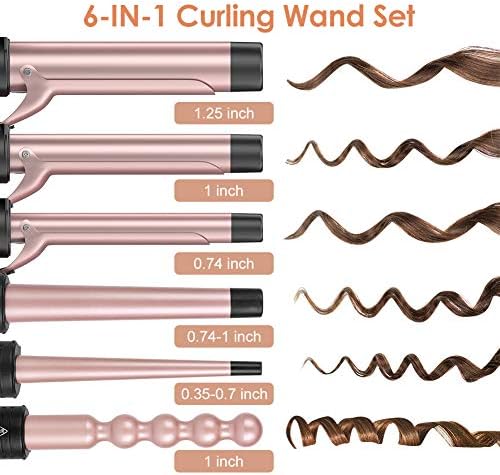 Ferro de curling 6-em-1, conjunto profissional de varinha de enrolamento, abastecimento de cabelo de aquecimento instantâneo com