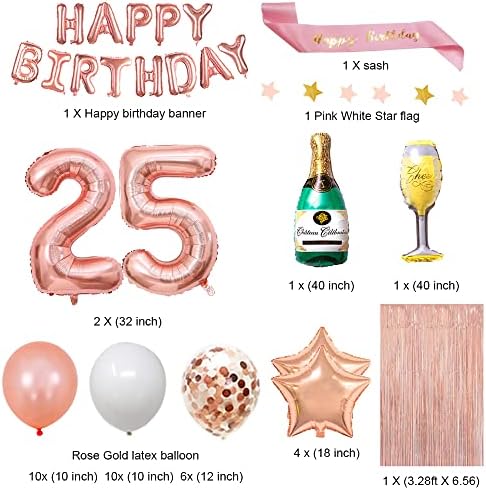 FancyPartyShop Decorações de 25º aniversário - Balão de feliz aniversário de ouro rosa e faixa com o número 25 Balloons Latex