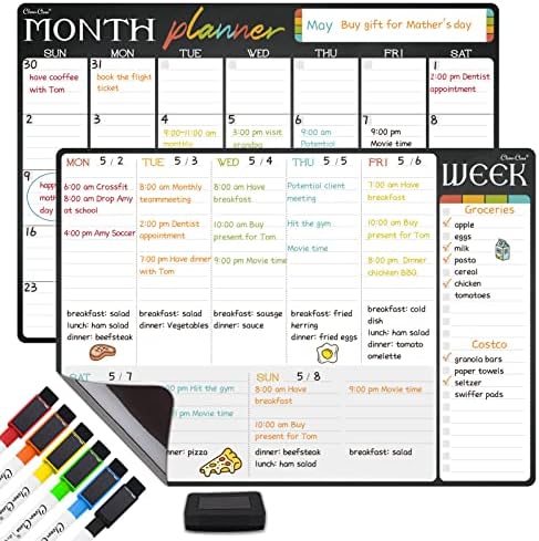 Calendário mensal e semanal de apagamento seco magnético - 17 X12 Planejador Mensal e Semanal para Fridge - 6 marcadores