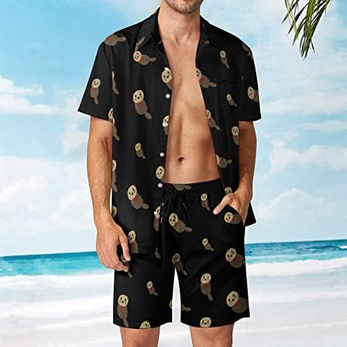 WeedKeyKat Sea Otter Heart Men's Beach Roupa de 2 peças Button Hawaiian Down Camise