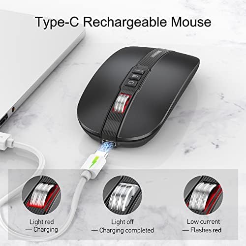 Mouse bluetooth fmouse para laptop, ratos de viagem sem fio slim e silencioso USB C recarregável 2400 DPI Dual Modo com receptor USB