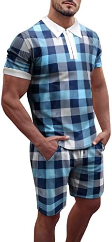 Mens Slim Fit Suit Summer Men Summer 2 Pieces xadrez camisetas de manga curta e calças de calças com bolsos