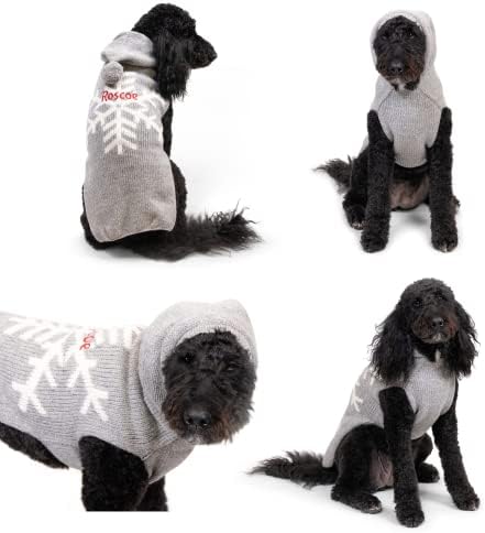 Suéter de cães de malha personalizado gotags com capuz, suéter de cachorro de lã macio bordado com nome, suéter de cão de Natal para cães pequenos e grandes, floco de neve festivo