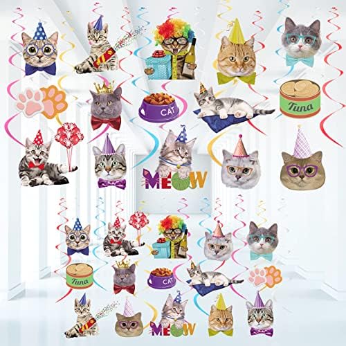 Bowinr 31 peças Decorações de redemoinho de gato, festa de aniversário da festa de aniversário gato de gato pendurado Swirl Meow Birthday Party Favors Kitty pendurado Swirl Gato temático de gato material para meninas garotos garotos