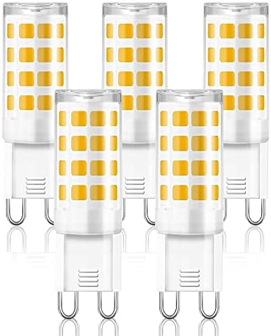 Bulbo LED AOGOLO G9, 5 pacote, lâmpada de halogênio branca e branca, diminuição da lâmpada de lâmpada de halogênio de 40w, 450lm, lâmpada G9 para lustre de iluminação doméstica, base de cerâmica bi-pin G9 120V AC, 360 °