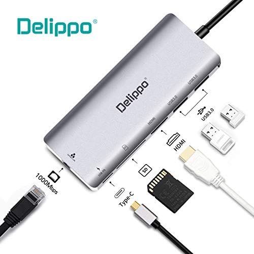 Delippo USB C Hub de encaixe 6 em 1 dongles Ethernet Hub, 4K HDMI, 2*portas USB 3.0, porta USB C PD PD, SD Card Reader,