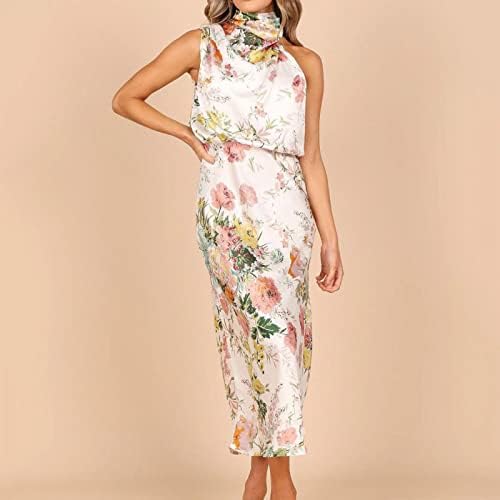 Vestidos de pescoço casual feminino de pejock feminino, sem mangas com estampamento floral maxi vestido de costas soltas