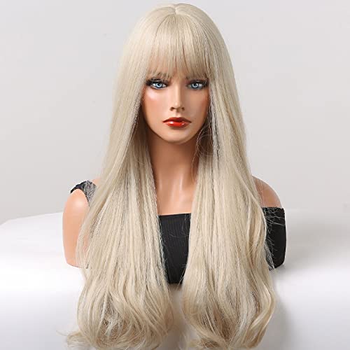 Petyoung 26 Mulheres peruca encaracolada wtih bangs loira resistente ao calor branco peruca de cabelo sintético para