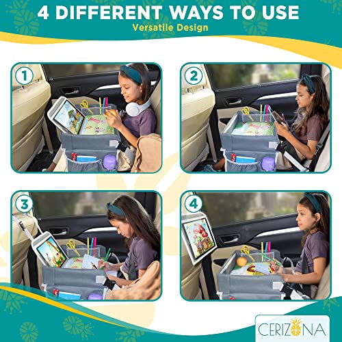 CERIZONA - Bandeja de viagens portáteis para crianças, bandeja de assento de carro com vários bolsos, bandeja de viagem à prova d'água para o assento de carro infantil, carrinho de carrinho ou cadeira alta, compacta e dobrável, 13 x 16 polegadas, cinza, dinossauros