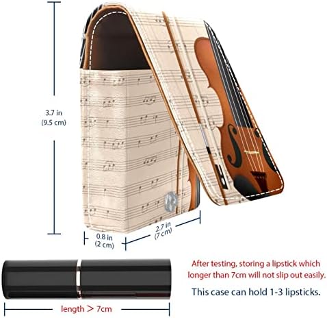Violino com notas de música Caixa de batom de viagem, mini bolsa de cosméticos de couro macio com espelho, bolsa de organizador de