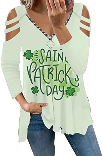 Tampo do zíper do dia de St. Patrick para mulheres de manga longa camisas verdes sexy Blusa de pulôver casual solta