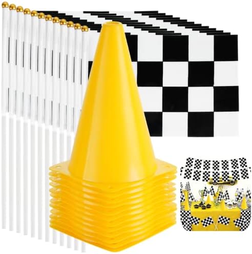 Cones de tráfego Yhomu e bandeiras quadriculadas de corrida, 12pcs mini cones de segurança esportiva amarela e 24pcs