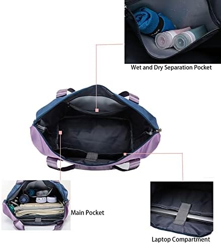Duffle Bag com compartimento de laptop Manga de bagagem de compartimento de calçados, Mulheres de separação seca molhada durante a noite Bolsa de fim de semana, sacola à prova d'água de grande capacidade para aviões