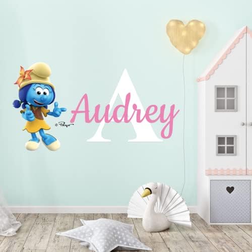 Nome personalizado e inicial o decalque de parede smurfs - EGD x The Smurfs Series - Prime Collection - Baby Girl Or Boy - Berçário de parede para decalques para decorações de salas de bebê - adesivo de decalque de parede mural