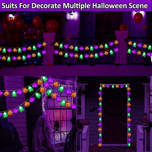 Turnmeon 10 pés 30 LED Halloween Lights Decorações 3 em 1 abóboras laranja morcegos roxos Luzes de corda de aranha verde Bateria