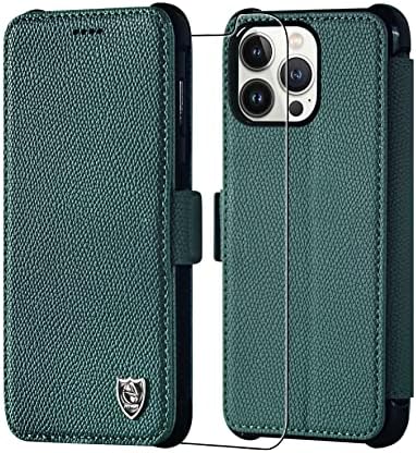 Pytwopy Casal de carteira para iPhone 12 Pro Max [titular do cartão de crédito], [bloqueio de RFID], capa de telefone de couro à prova de choque com protetor de tela Clasp magnético Tampa protetora de kickstand, verde escuro verde escuro