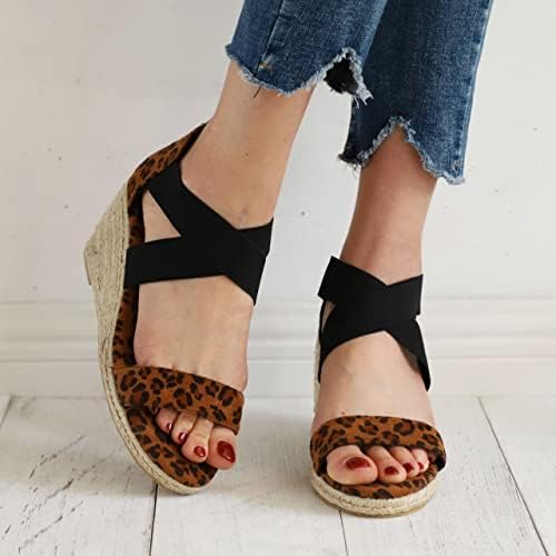 Sandálias de cunha para mulheres Sapatos de peixe de verão Sapatos de boca Lace Up Leopard Pattern Plata