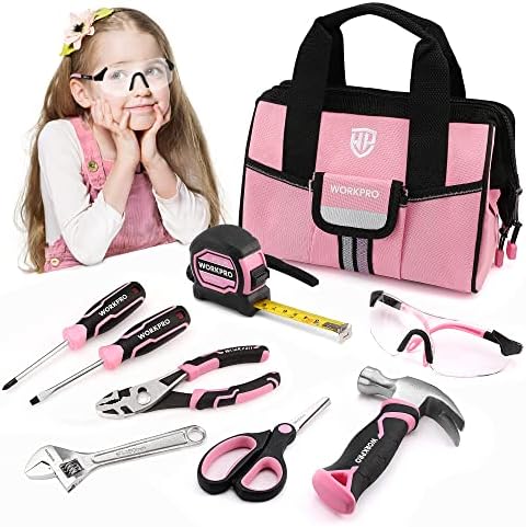 Conjunto de ferramentas para crianças de 9 peças do WorkPro de 9 peças, kit de ferramentas júnior rosa com bolsa de armazenamento