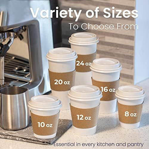 [50 pacote] xícaras de café brancas com tampas de cúpula branca e mangas marrons - 12 onças de café descartáveis
