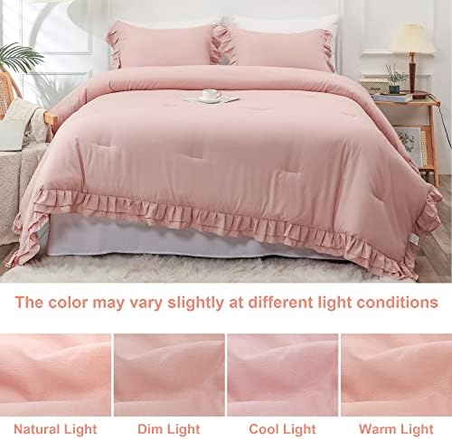 Yozen Blush Pink Double Ruffle Comforter Set Size Size, 3 PCs Farmhouse Vintage Conjunto de edredom vintage, Rústico