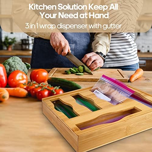 See Distribuidor de Wrap Bamboo Seebroad com Cutter e Ziplock Bag Organizer para gaveta de cozinha, 7 slots, compatíveis com sacolas de tamanho de variedade