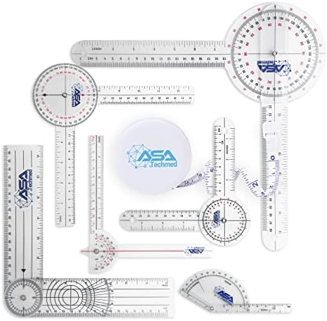 ASA TechMed Goniometer Conjunto completo 6 peças + fita de medição do corpo - fisioterapia, terapia ocupacional, condicionamento físico, régua de ângulo de transferidor médico 12/8/6 polegadas
