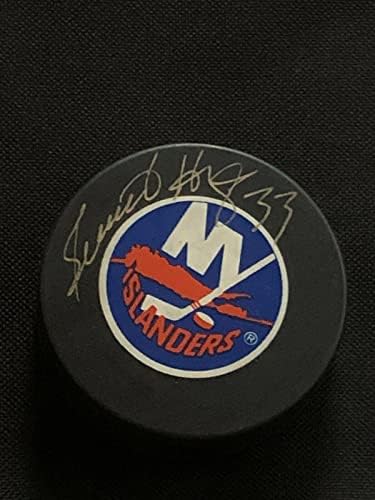 Benoit Hogue Certificado autêntico assinado Hockey Puck Islanders JSA - Autografado NHL Pucks