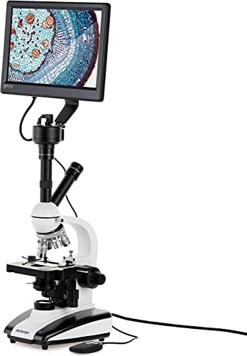 AMSCOPE-40X-2500X Microscópio de estudante de LED monocular de visão dupla com estágio mecânico + 9,7 Sistema de imagem em tela sensível ao toque-D130C-TP