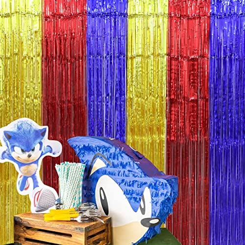 Lolstar Sonic Birthday Party Supplies, 2 Pack Sonic Theme Tinsel Foil Fringe Cortans, Sonic Photo Booth Props Fladers
