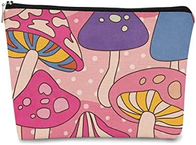 Bolsa de maquiagem rosa de cogumelo retro Cottagecore de churrasco, Floral Vintage 60s 70s Hippie Cosmetic Bag com zíper de viagem